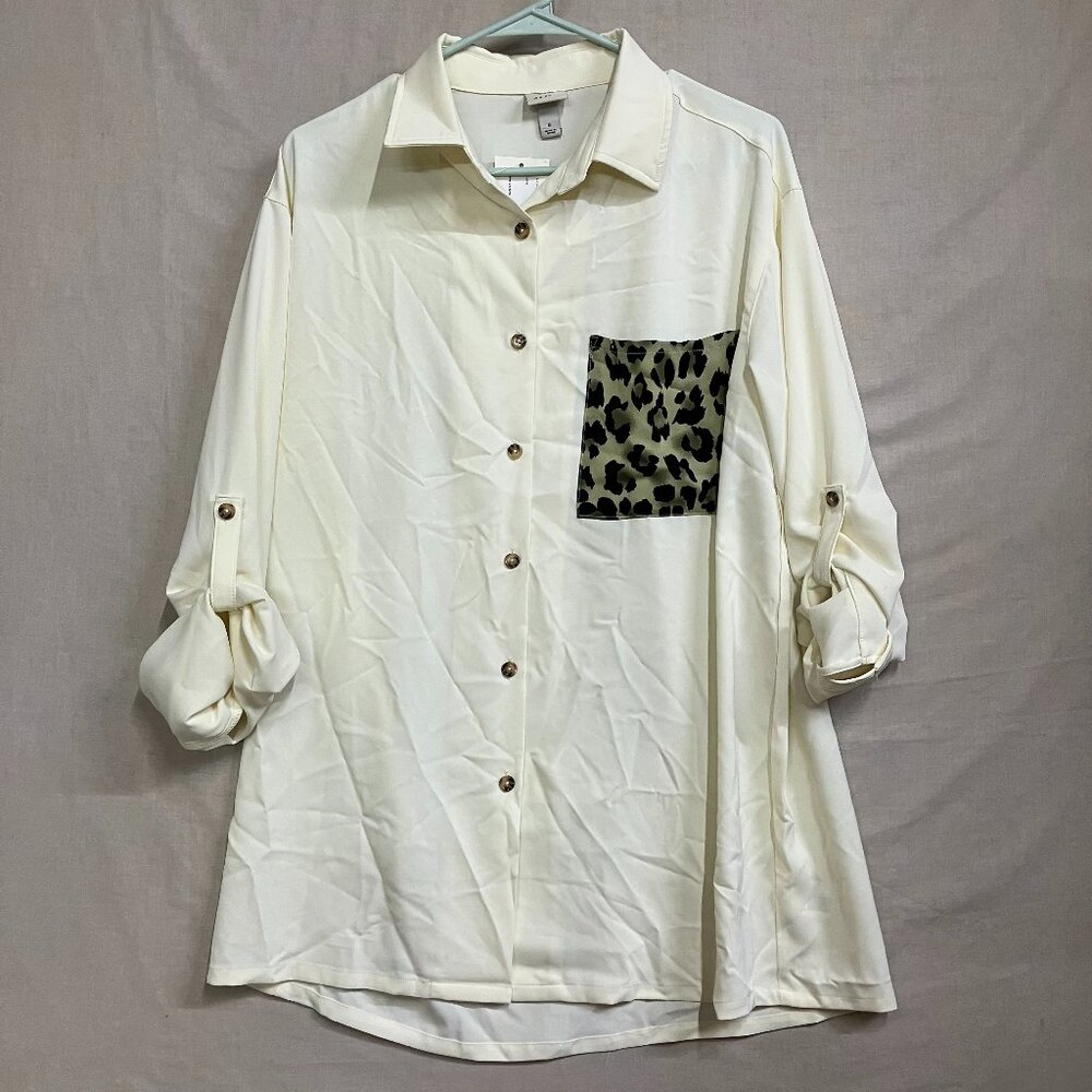 A New Day Women S White Button Down Blouse Shirt Roll Tab Sleeve Leopard Pocket